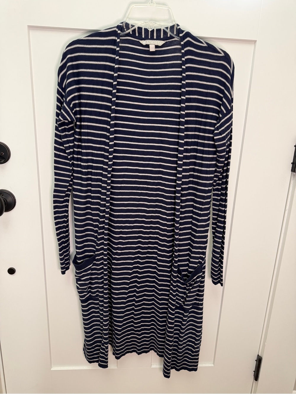 Athleta Striped Navy & White Open Front Duster Cardigan